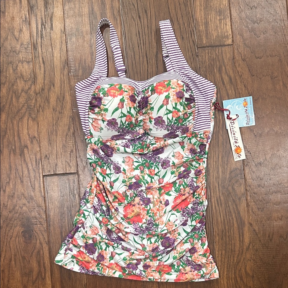 Floral Ruched Women’s Tankini Swim Top - Purple/Green Floral